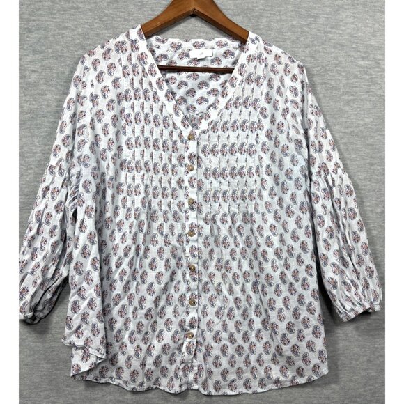 J. Jill Womens White Paisley Print Button-Front Cotton Blouse Size L - Picture 1 of 7